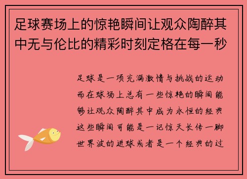 足球赛场上的惊艳瞬间让观众陶醉其中无与伦比的精彩时刻定格在每一秒钟